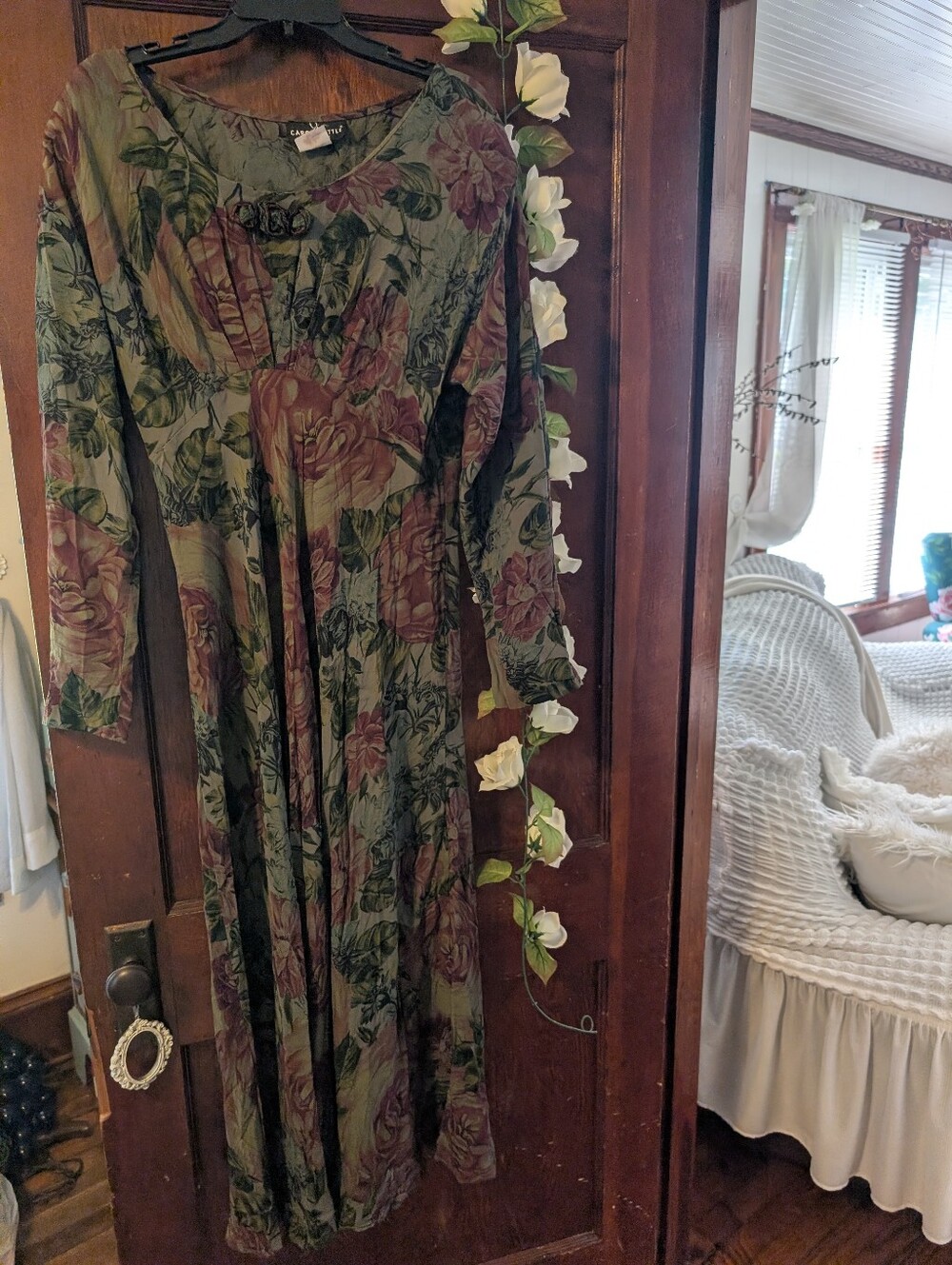 Vintage Carole Little Olive Green Floral Long Sleeve Maxi Dress 14